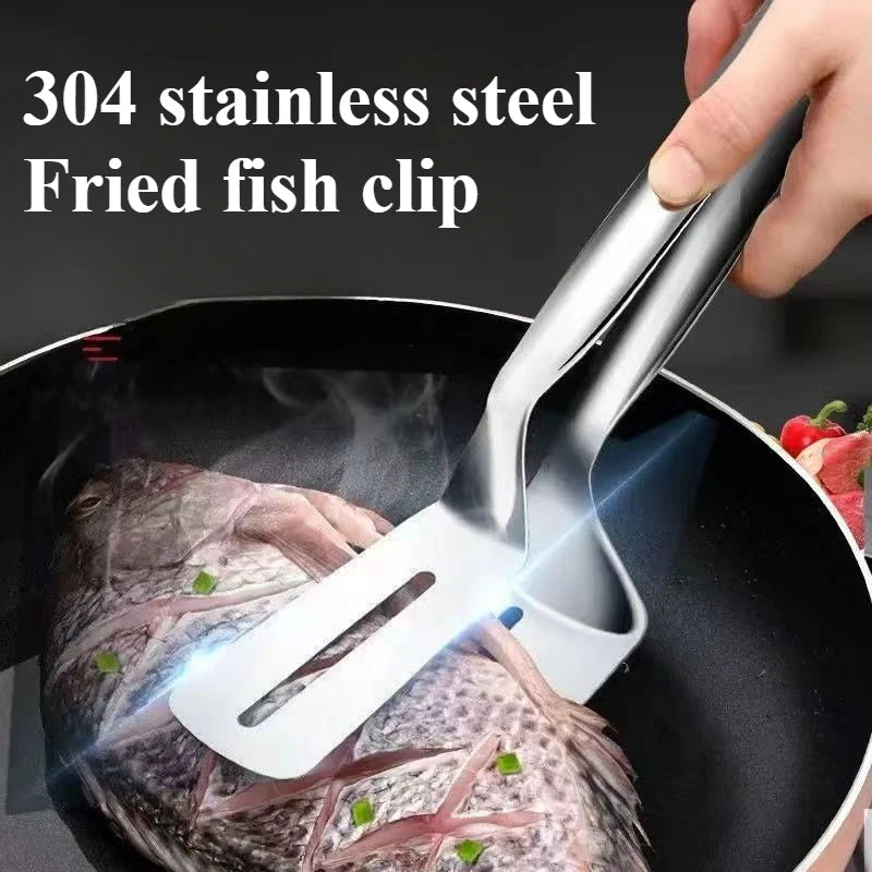 Pala de pescado frito de acero inoxidable dos en uno, pala de doble cara, clip para pescado, pala para filete frito, clip para freír, utensilios de cocina