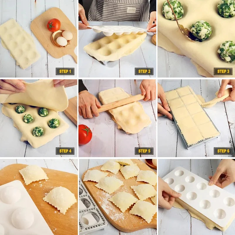 Molde para Dumplings DIY Molde para Raviolis Prensa para Dumplings Molde para Hacer Raviolis Molde de Aleación de Aluminio Sello Cortador de Raviolis con Bandeja y Prensa